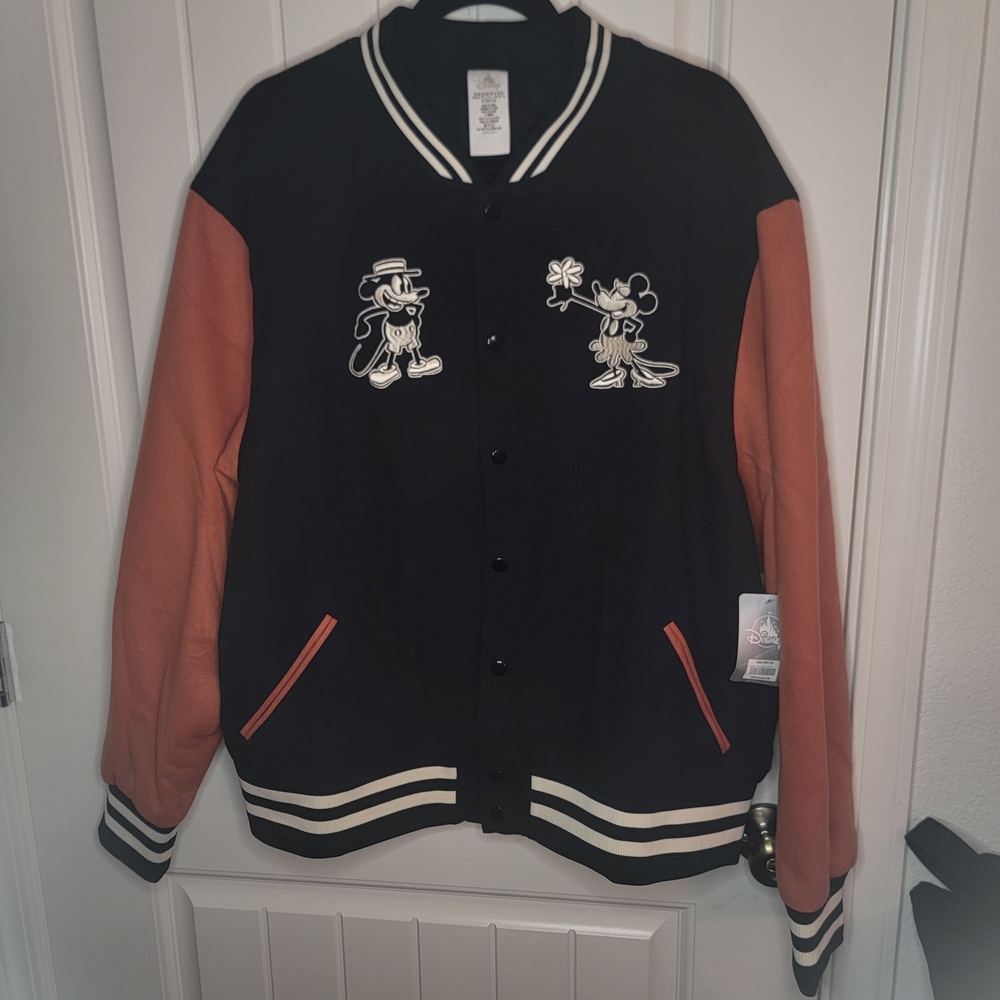Disney Parks Retro Mickey & Minnie Mouse Black & Orange Varsity Jacket XL NWT